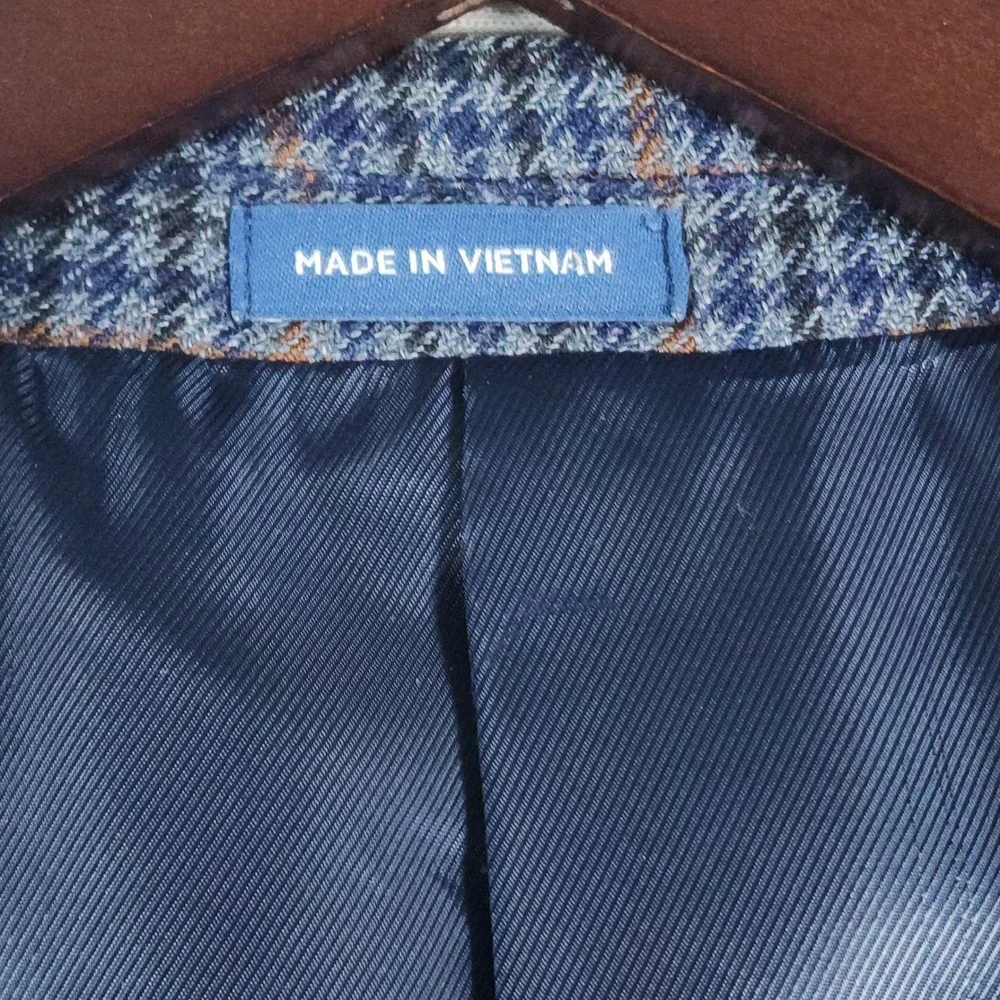Merino Wool Plaid Blazer Mens 44S Dark Academia Classic Fit Navy Sport Coat
